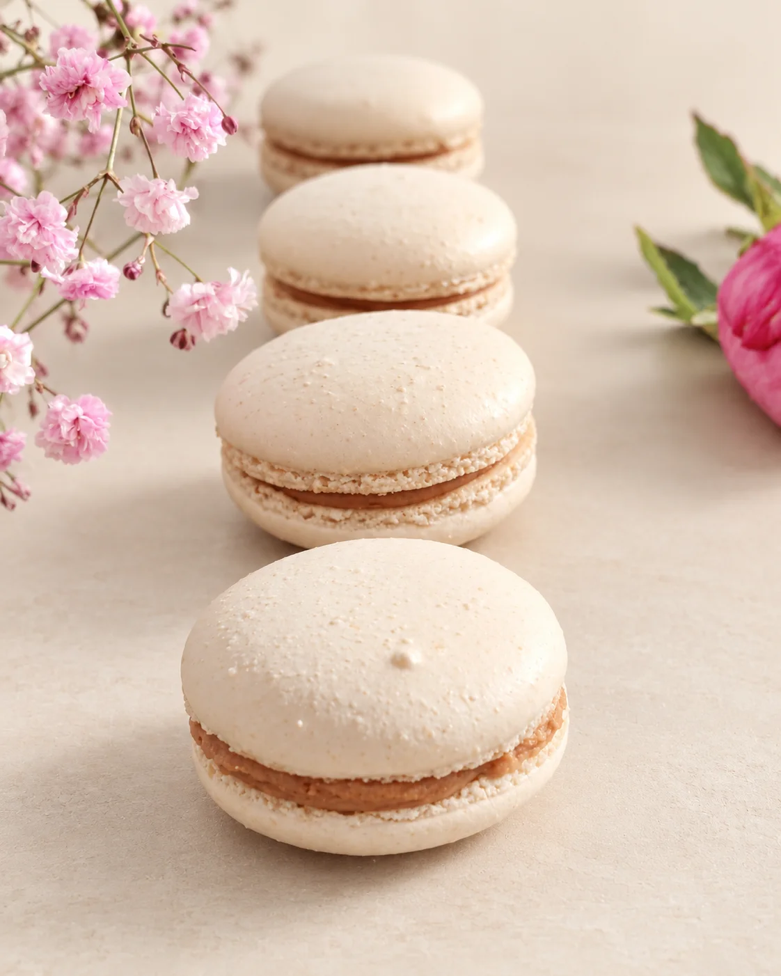 Macarons neben Blumen